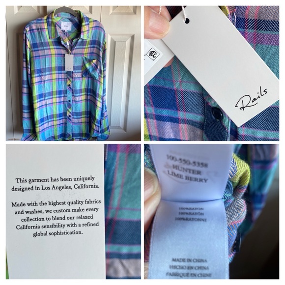 Rails NWT Hunter Lime Berry 100% Rayon Button down Long Sleeve Plaid Blouse med - Picture 12 of 15